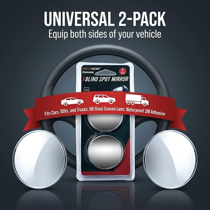 Blind Spot Mirror 2 Pack, 2 Inch Round HD Glass Convex Mirror for Car, Wide Angle Side Rearview, Waterproof 3M Adhesive, Easy Installation for Cars SUV and Trucks - Performore