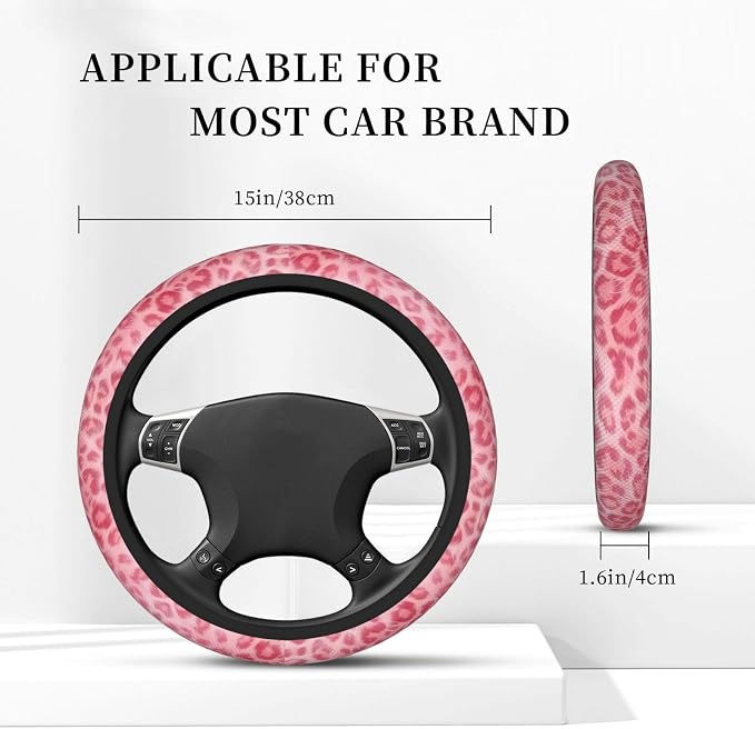 Pink Leopard Steering Wheel Cover - Pink Leopard Steering Wheel Protector Neoprene 15Inch Car Accessories 2 Pcs Car Coasters for Women Men