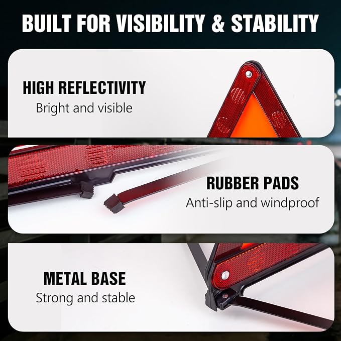 Emergency Warning Triangle Kit – Roadside Safety Kit with Reflective Warning Triangles, High-Visibility Safety Vests, Storage Bag & Gloves for Car Breakdowns & Emergencies
