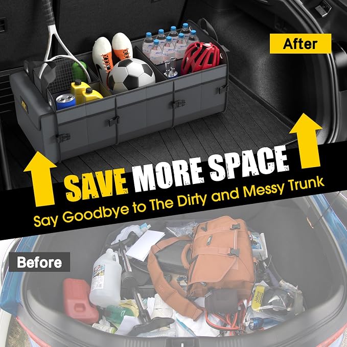 Car Trunk Organizer with Cooler, 100L, Premium Material, Gray | Collapsible Heavy Duty Large Car Organizer, Sturdy Trunk Storage for SUV with Adjustable Straps and Non Slip Bottom