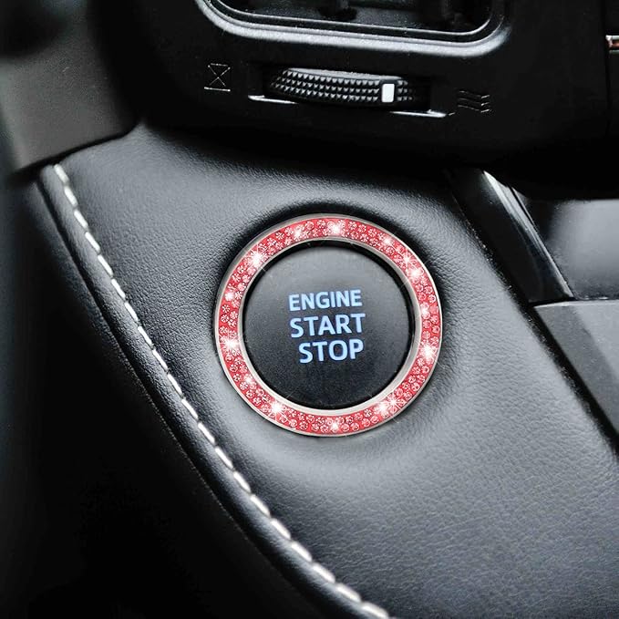 Car Bling Crystal Rhinestone Engine Start Ring Decals, 2 Pack Car Push Start Button Cover/Sticker, Key Ignition Knob Bling Ring, Sparkling Car Interior Accessories for Women (Double Red)