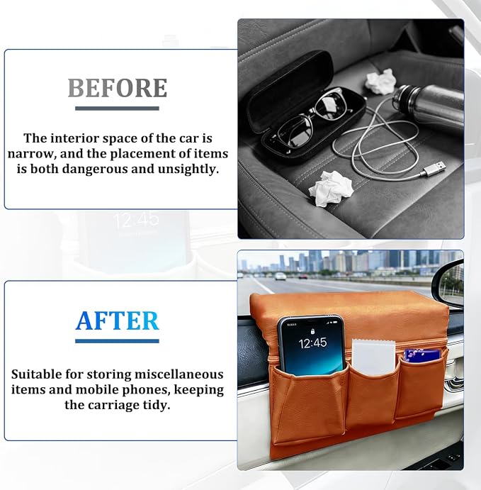 Car Window Side Storage Box, Multifunctional Leather Vehicle Side Door Armrest Pad Organizer with Pockets, Auto Window Arm Elbow Rest Storage Bag, Universal for SUV Van Truck (Brown)