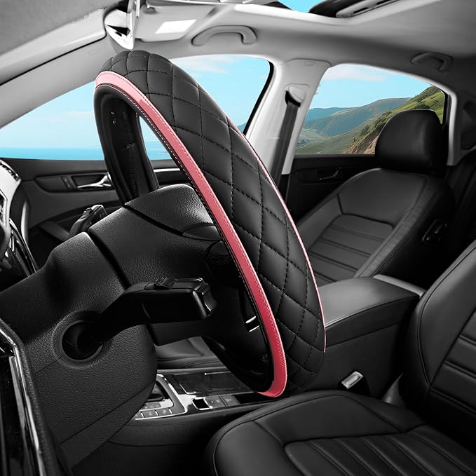 Leather Steering Wheel Cover – Black & Pink, Universal Fit 14.5-15 Inch, Microfiber Leather, Anti-Slip & Breathable Design for Men and Women