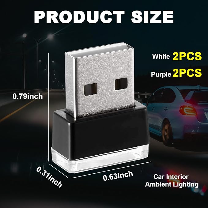 4 PCS USB LED Car Interior Atmosphere Lamp, Portable Mini LED Night Light, Plug-in USB Interface Trunk Ambient Lighting Kit, Universal Interior Accessories for Most Vehicles (White, Purple)
