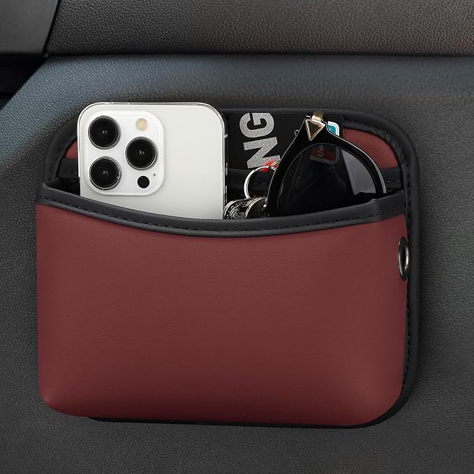 Universal Car Side Pocket Organizer, PU Leather Pouch for Car Seat, Door, Window, Console, Cards Trash Cell Phone Sunglasses Holder, Car Accessories, Red