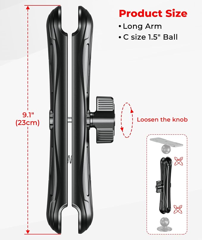 1.5" Ball Aluminum Alloy Double Socket Arm, 9.1" Length Long Arm | Compatible with RAM Mounts C Size 1.5" Ball Components, 360° Rotation, for Fish Finder Mount, Marine Electronic Mount