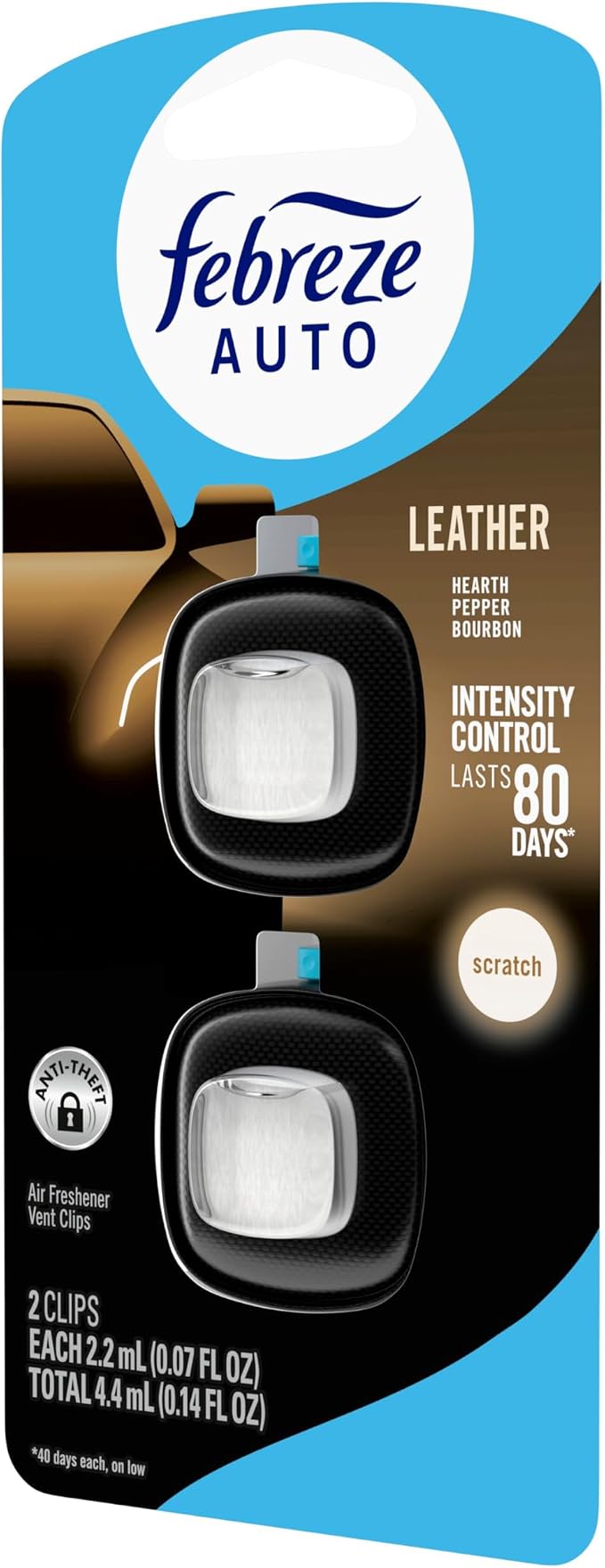 AUTO Air Freshener, Odor-Fighting Automotive Vent Clip, Scented Car Accessories, Long Lasting for Strong Odors, Leather, 2 Count