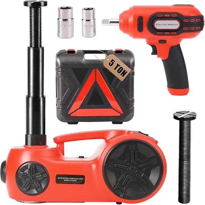 Upgraded Electric Hydraulic Car Jack Kit 5 Ton 12V Portable Lift Range 20.9 Inch with Impact Wrench and Tire Inflator Pump for SUV Sedan Truck Repair Floor Jack for Tire Change with LED Light