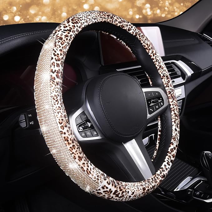 Leopard Print Steering Wheel Cover - Bling Crystal Rhinestones Cheetah Print on PVC Leather Non-Slip Breathable Design for Women/Girls Universal Fit 14.5-15 Inch