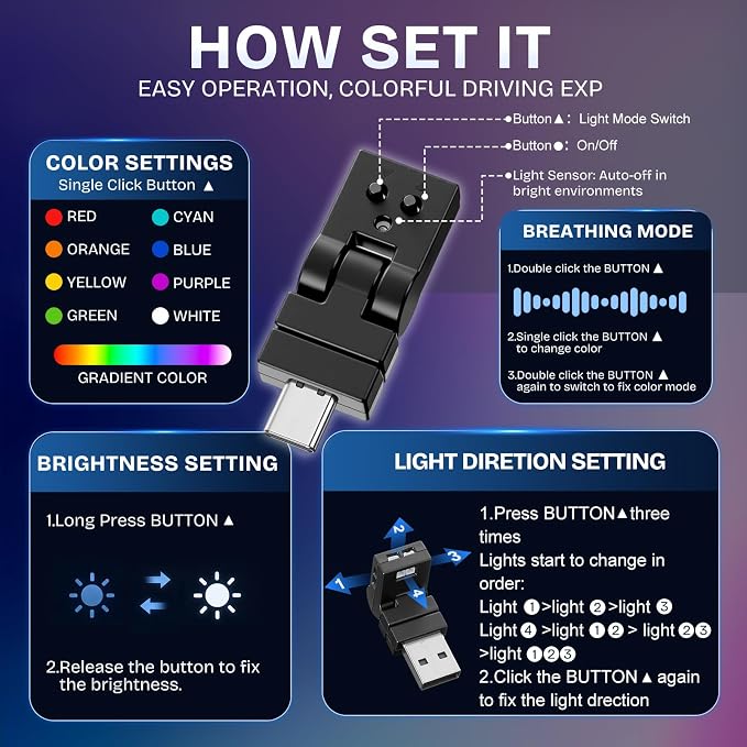 2 Pcs Mini USB LED Light Car LED Interior Lighting 5v RGB Foldable Ambient Lighting Adjustable 8 Color and Brightness Smart USB Night Lamp for Cars Laptop Keyboard (Manual Switch Type-c)