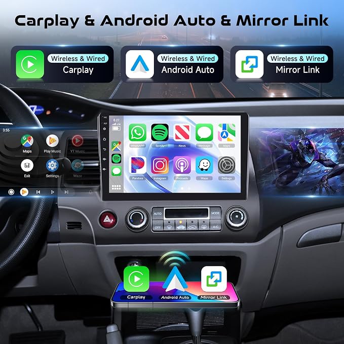 8Core 4G 64G for Honda Civic 2006 2007 2008 2009 2010 2011 Car Stereo Qual-comm Snapdragon chip, Wireless CarPlay Android Auto, 5GHz WiFi GPS, 3 Plit Screen, 3D car Model, + AHD Backup Camera
