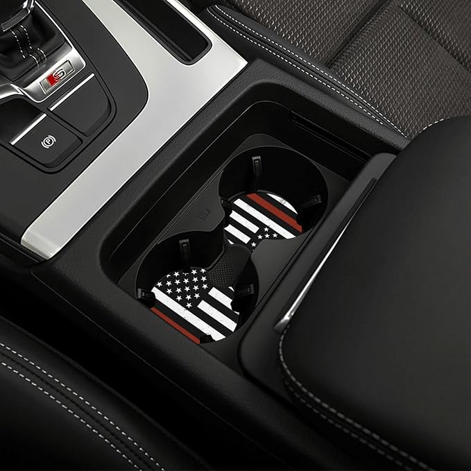Thin Red Line 3-Pc Car Set: Steering Wheel Cover & 2 Car Coasters | Firefighter Anti-Slip Breathable Universal for 14.5 -15.5 Inch Car Wheel Cover Suitable for Men Women