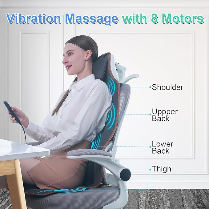 Massage Seat Cushion with Heat for Neck and Back, 3 Heating Areas & 5 Massage Modes, Electric Back Massager for Office Chair and Home Seat