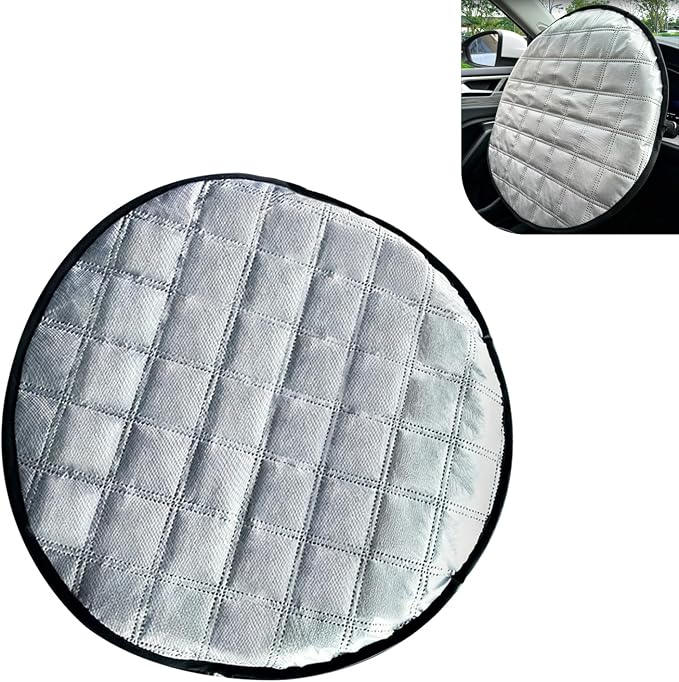 1 PC Car Steering Wheel Sun Shade, Aluminum Foil Anti-Scalding Steering Wheel Protector, Slip-On Thickened Driving Handle Heat Shield Cover, Universal for Most Cars SUVs Trucks (Silver)