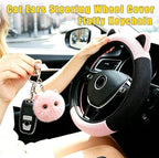 Steering Wheel Cover with Ears Keychain Fit 14-15 inch Black Pink | Cute Ears Car Steering Wheel Covers for Women Girls Elastic Breathable Steering Wheel Protector Accessories Universal Size