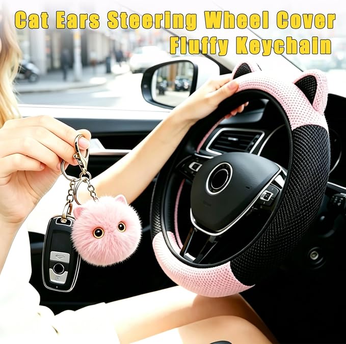 Steering Wheel Cover with Ears Keychain Fit 14-15 inch Black Pink | Cute Ears Car Steering Wheel Covers for Women Girls Elastic Breathable Steering Wheel Protector Accessories Universal Size