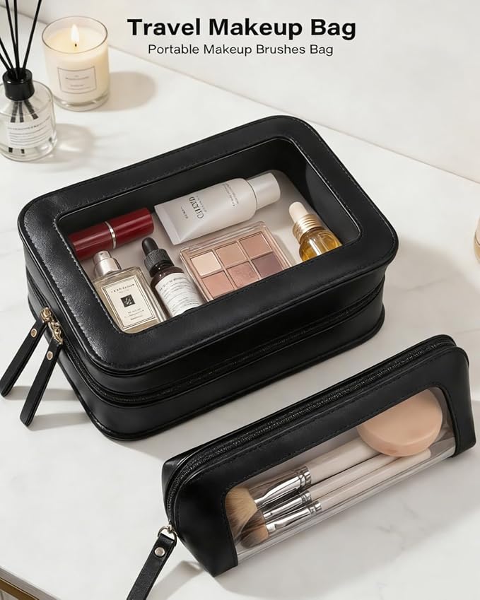 2Pack Clear Makeup Bags Set, Portable Makeup Brush Bag, Zipper Storage Bag Organizer Pouch, Versatile Storage Stationery, Travel Storage Bag, Portable Cosmetic Storage Bag (Black)