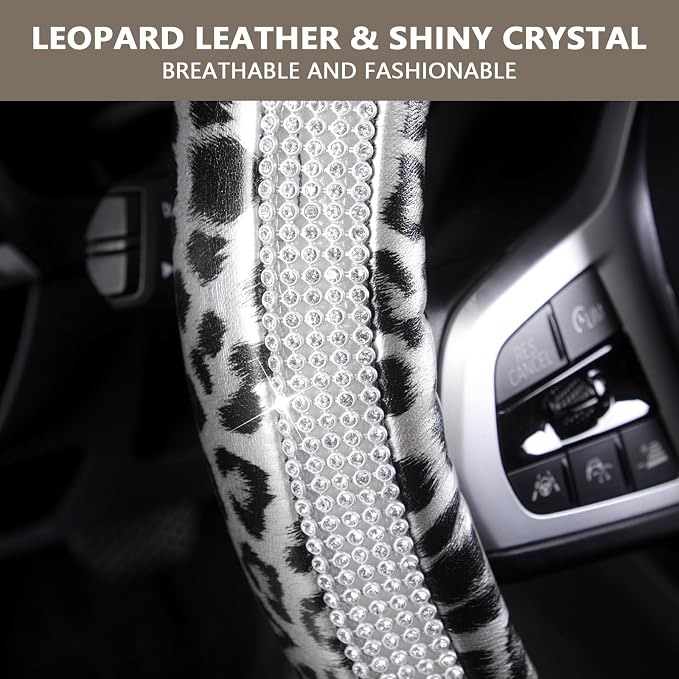 Leopard Steering Wheel Cover - Bling Crystal Rhinestones Cheetah Print on Leather Non-Slip Breathable Design for Women/Girls Universal Fit 14.5-15 Inch(Black & Silver)
