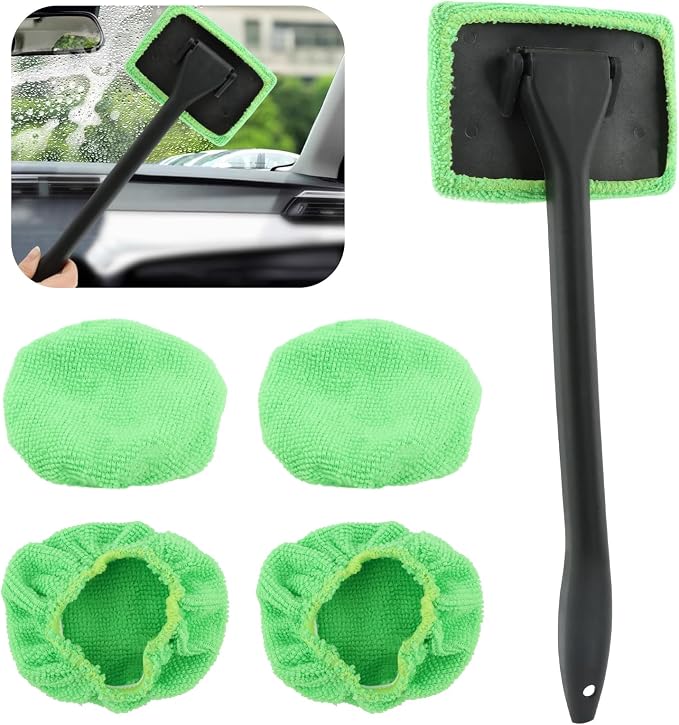Car Windshield Cleaning Tool, Windshield Cleaner with 5 Reusable Microfiber Pads and Extendable Handle, Auto Glass Wiper Kit for Interior/Exterior Dirty Car Windows(Color:Green)