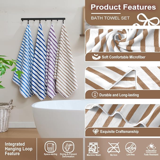 Microfiber Beach Towels Set of 4, 30" x 60", Cabana Stripe, Soft Absorbent, Quick Dry Bath Towel for Salon, Hotel, Travel, Sport, Summer Swimming Pool Party, Yoga, Camping, Coffee