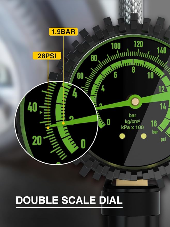 Heavy Duty Tire Pressure Gauge, Tire Inflator Gauge 230PSI Air Chuck Air Compressor Attachments, with Steel Braided Hose, Large 2.6" Glow Dial & Quick Connect Coupler, for Truck/Car/SUV/RV/Bike