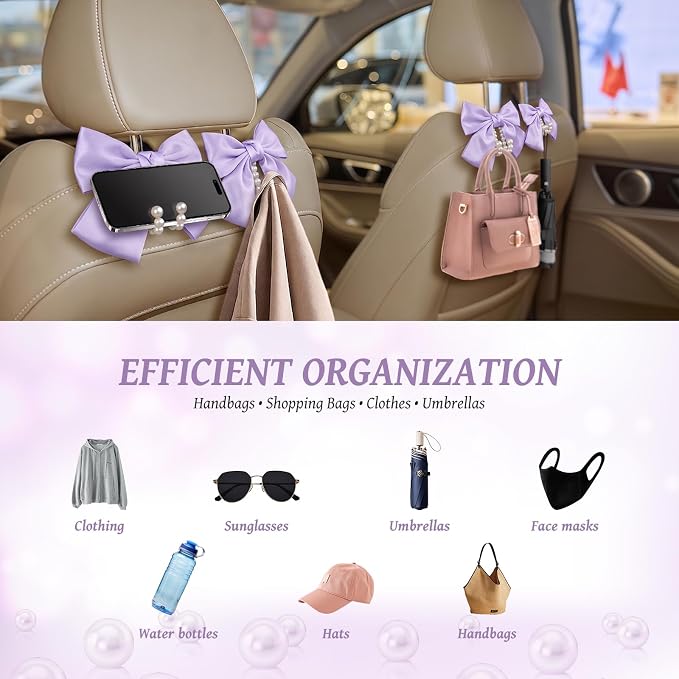 2 PCS Bow Pearl Car Seat Headrest Hook – Cute Purse Hook for Car, Girly Interior Decoration Accessories Hook Hanger, Seatback Holder for Purses & Bags, Elegant Car Organizer (Lavender Purple)