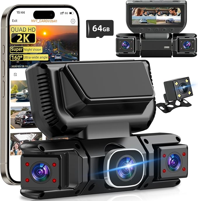 W6 Dash Cam 4 Channel Dash Cam 2K Front + 1080P Rear & Side 360° Coverage 8 IR Night Vision 5GHz WiFi & App G-Sensor Parking Monitor 64GB SD Card Included