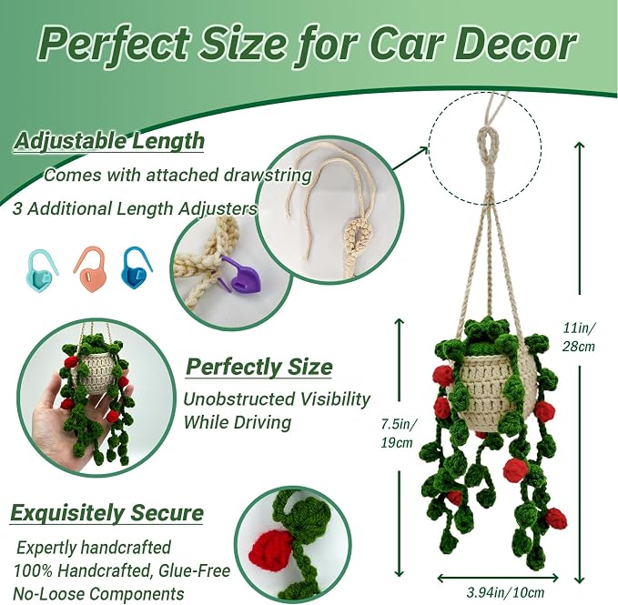 Crochet Hanging Plant for Car,Car Decorations Interior,Plant Aesthetic Car Accessories for Women Interior Cute,Car Ornaments Charms for Rear View Mirror,Boho Car Decoration Gifts