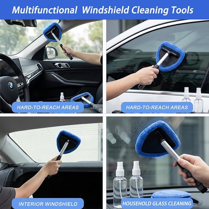 2-Pack Windshield Cleaner Tool, Extendable Handle Auto Detailing Kit with 8 Washable Microfiber Pads & Spray Bottle, Professional Home & Car Window Glass Duster, 180° Swivel Head