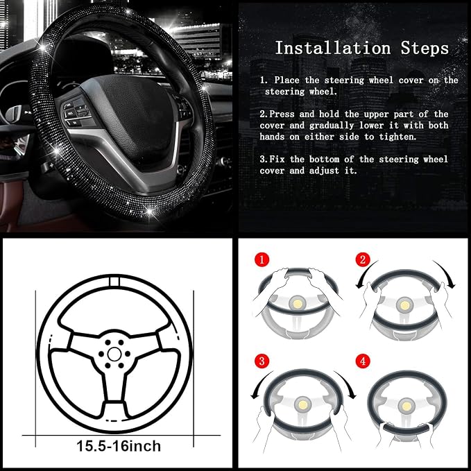 Steering Wheel Cover for Women Bling Bling Crystal Diamond Sparkling Car SUV Wheel Protector Universal Fit 15 Inch Black with Pink Diamond