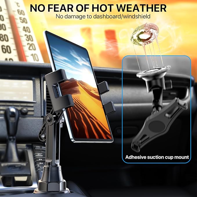 Cup Holder Tablet Mount for Car, [2025 Latest Upgraded] Adjustable Long Neck Car Tablet Holder Friendly Compatible with iPad, Pro, Air, Mini Samsung Galaxy Tab, All 6.1-12.9" Tab