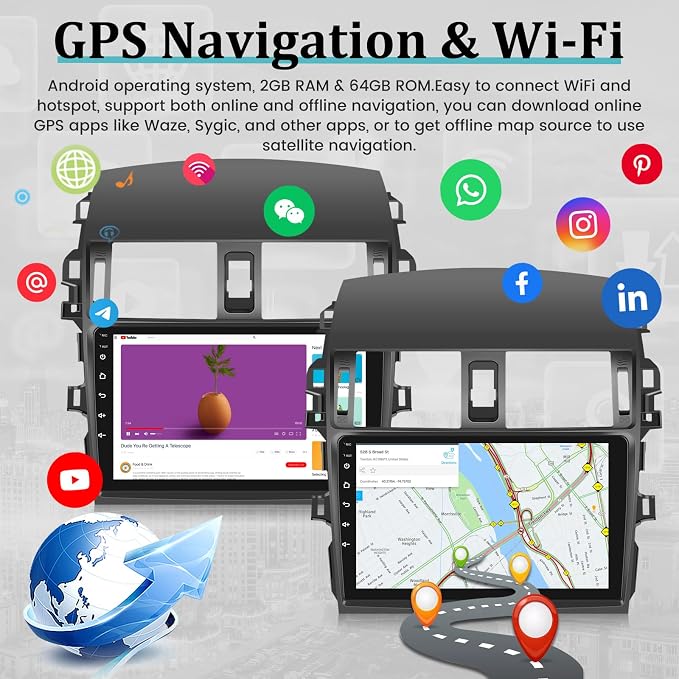 [2+64G] Android Car Stereo for Toyota Corolla 2009-2013 with Wireless Carplay and Android Auto, 9 Inch 2.5D Touchscreen Corolla Radio with EQ Sound/GPS/WiFi/SWC + AHD Backup Camera + Mic