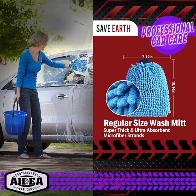 AIDEA Car Wash Mitt Microfiber, 1PK, Car Wash Brush, Blue, 7.12' X10.14'' | Scratch Free Lint-Free Premium Chenille Microfiber Mitt, Cleaning Supplies, Regular Size