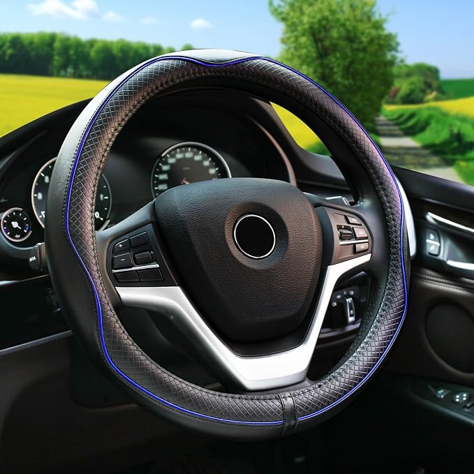 Microfiber Leather Steering Wheel Cover Anti-Slip Matte Finish Auto Car Wheel Cover Universal 15 Inch Wheel Cover for Car Embossing Pattern Blue Line