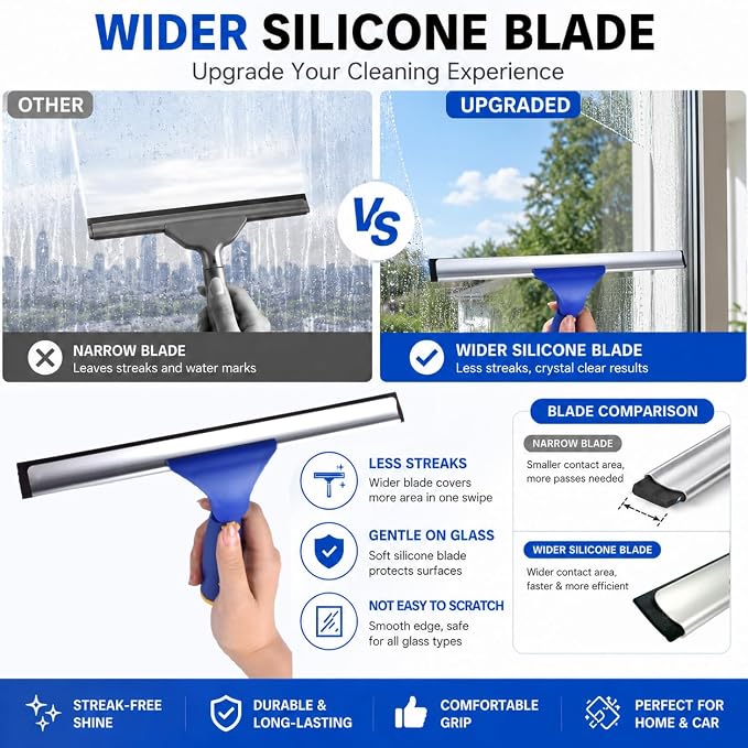 Window Squeegee Cleaning Kit with 60" Extension Pole, Rotatable Glass Cleaner Tool 12" Rubber Blade & 2 Microfiber Pads, Window Washing Equipment for High Windows, Shower Doors, Car Windshield
