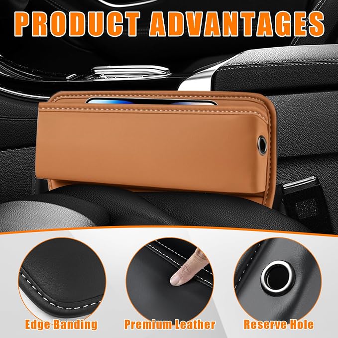 Car Seat Gap Organizer, Premium Leather Auto Seat Storage Box, Vehicle Adjustable Front Seat Gap Filler, Car Seat Side Pocket Organizer for Phones, Glasses, Keys, Money, Cards (Khaki)