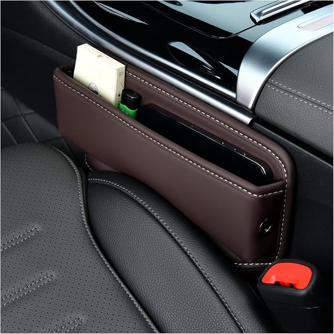 Car Seat Gap Organizer, Premium Leather Auto Seat Storage Box, Vehicle Adjustable Front Seat Gap Filler, Car Seat Side Pocket Organizer for Phones, Glasses, Keys, Money, Cards (Coffee)