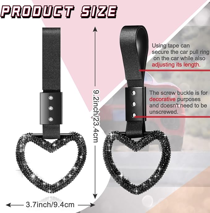 Bling Car Accessories Bling Heart Handle Ring Car Accessory for Women Hand Strap Drift Charm Rear Bumper Warning Ring Decor for Auto Bus Interior Exterior Decoration (Black, Heart Style)