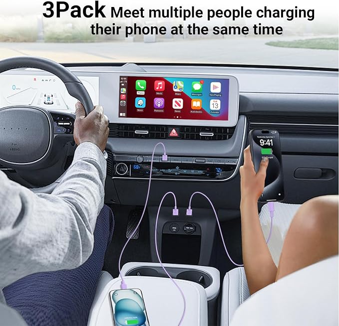 3Pack Car Carplay Cable for iPhone 16 15 Pro Max 15 Plus Car Charger, USB to USB C Cable 6FT for Car Charger Adapter, Carplay USB C Cord Accessories Charging for iPad 10th Gen/iPad Pro Air 5th-Purple