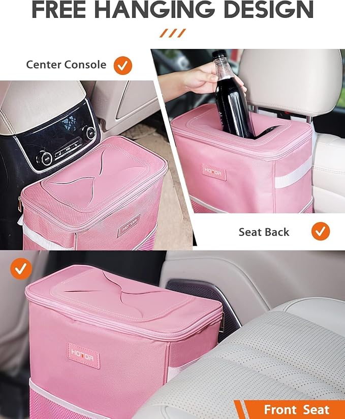 Car Trash Can with Lid and Storage Pockets - 100% Leak-Proof Organizer, Waterproof Garbage Can, Multipurpose Trash Bin for Car, 2 Gallons, Pink
