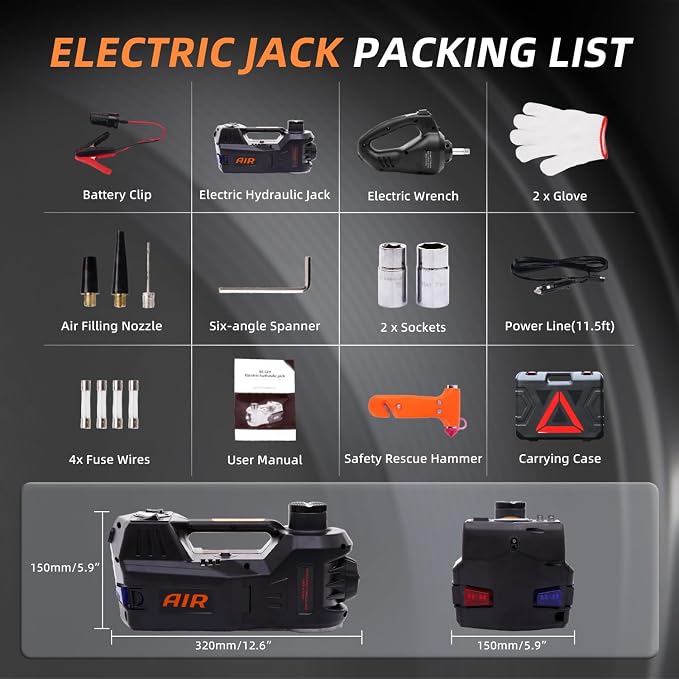 Electric Car Jack Kit 5 Ton 12V Hydraulic Floor Jack with Impact Wrench and Tire Inflator Pump Lift Jack with LED Light for SUV Sedan Truck Road Emergency Tire Change