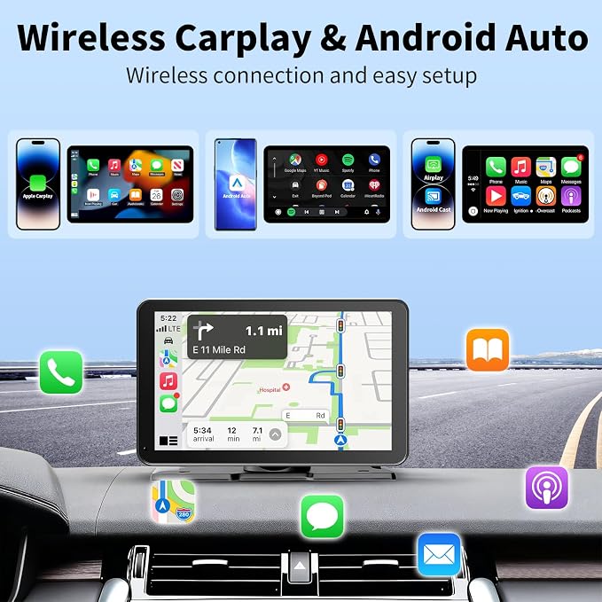 CarPlay Screen for Car, 9'' Wireless CarPlay & Android Auto - Smart Portable Touchscreen with Bluetooth/FM, Mirror Link, Voice Control, GPS Navigation, Hands-Free Calling, Plug & Play Car Play Screen