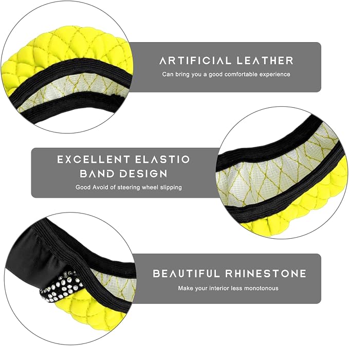Bling Car Steering Wheel Cover, 15 Inch Sparkly Rhinestone Soft Leather Steering Wheel Protector, Non-Slip Universal Auto Elastic Steering Wheel Covers for Women Girls (Yellow)