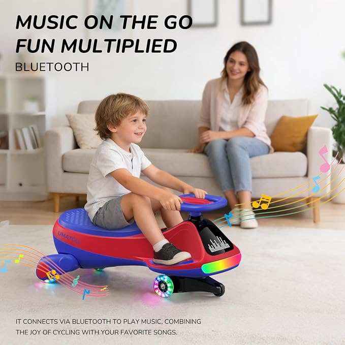 12V Electric Wiggle Car for Kids with Pedal, Display, Rechargeable Battery, LED Light, Bluetooth, Light-Up Wheels, Anti-Rollover, 2 Speeds, Ride on Toys, Birthday Gifts for Age 3+, 150Lbs