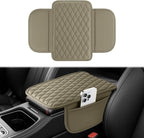 Car Center Console Cover, Upgraded Leather Car Armrest Cushion with 2 Storage Pockets, Universal Waterproof Cushion Pad, Non-Slip Car Interior Accessories, Fits Most Sedans SUVs Trucks (Beige)