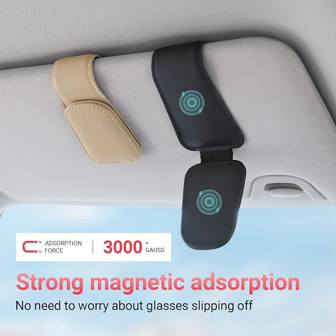 Sunglass Holder for Car Visor Sunglasses Clip Magnetic Leather Glasses Eyeglass Holder Truck Car Interior Accessories Universal for Woman Man -Beige