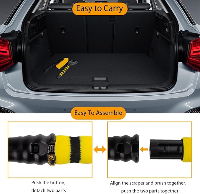 27” Snow Brush & Detachable Ice Scraper 2-in-1, Scratch-Free Split Bristles, Extendable 27-39” EVA Foam Grip, PVC Squeegee Snow Shovel with Guide Channel for Car Windshield/Truck/SUV
