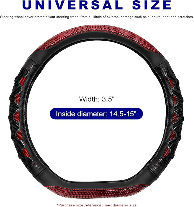 D-Shaped Steering Wheel Cover, Leather Car Wheel Protector with 3D Honeycomb Anti-Slip Design, Universal Breathable Comfy Cover Fits 14.5-15 Inch Steering Wheels, Car Accessories (Red)