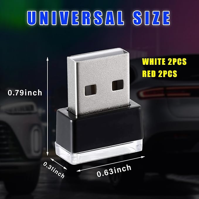4 PCS USB LED Car Interior Atmosphere Lamp, Plug-in USB Decor Night Light, Portable Auto Ambient Lighting Kit, Universal Vehicle Interior Accessories for Most Cars (White & Red)