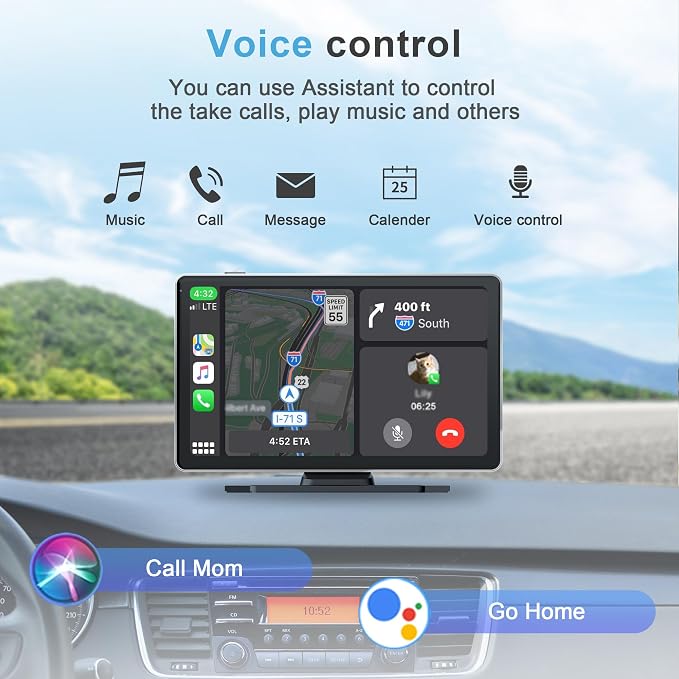 9 Inch Carplay Screen for Car, Portable Car Play Touchscreen Stereo with 4K Front+1080P Rear Dual Camera, Support Voice Control/Android Auto Mirror Link/Backup Camera